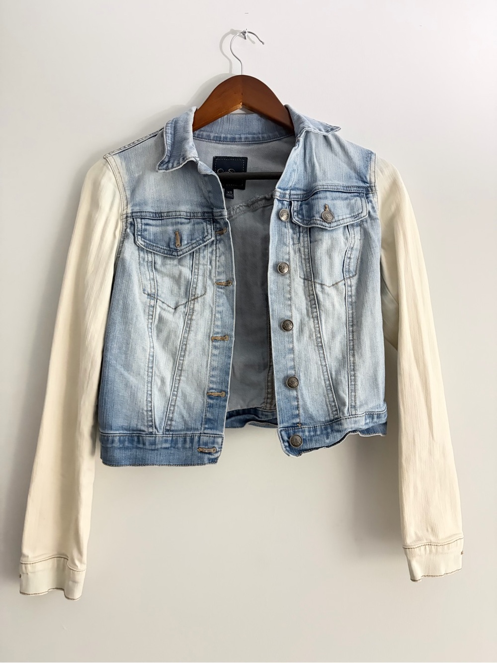 Revolve- Jessica Simpson Light Blue Denim Jacket with Cream Sleeves